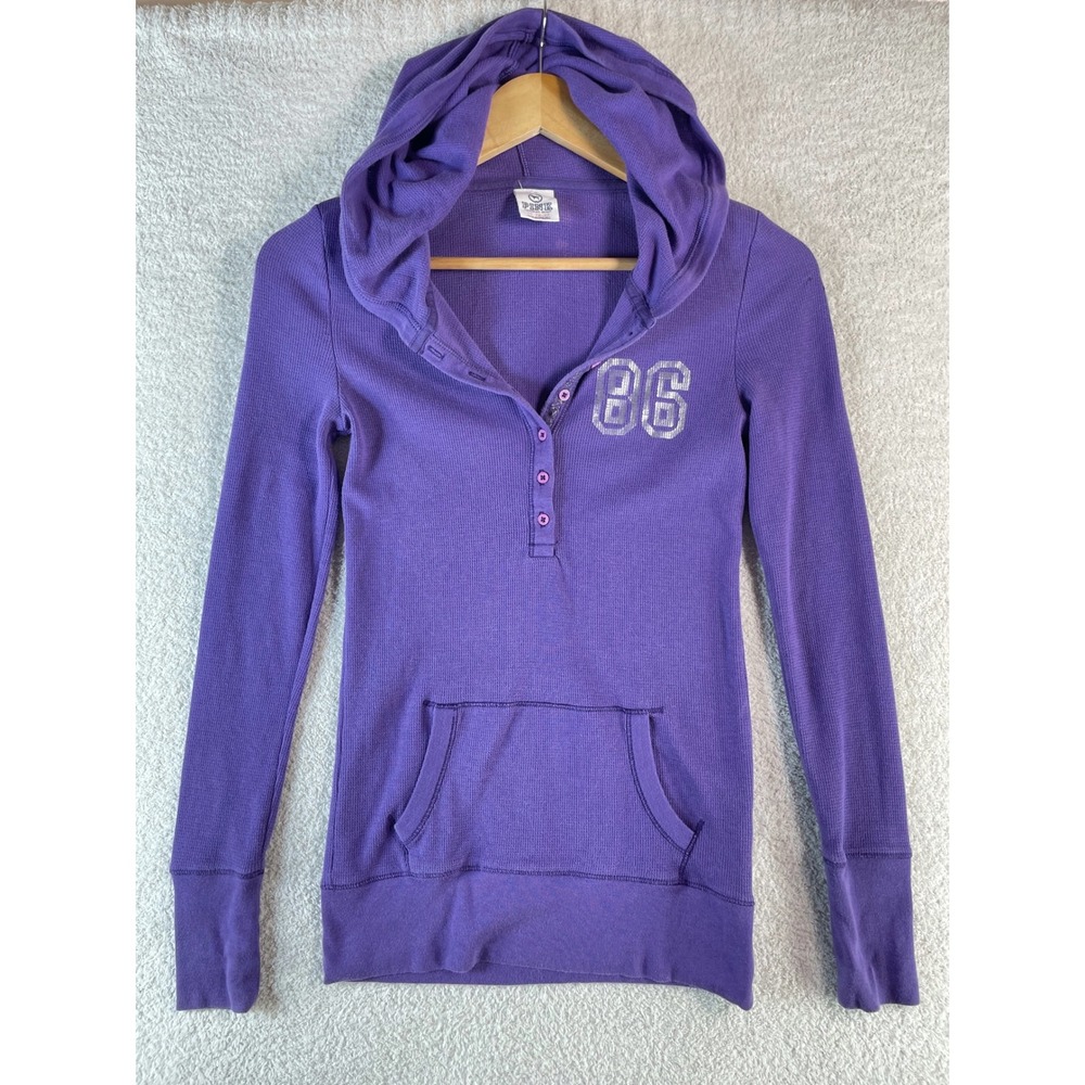 vintage late Y2K PINK waffle henley hoodie XS mcbling downtown girl butt logo